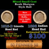 Mixed small cents 1c orig shotgun roll, 1916-D Wheat Cent, 1896 Indian Cent other end, Brinks Wrappe
