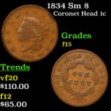 1834 Sm 8 Coronet Head Large Cent 1c Grades f+