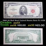 1963 $5 Red Seal United States Note Fr-1536 Grades Select AU