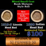 Mixed small cents 1c orig shotgun roll, 1919-S Wheat Cent, 1890 Indian Cent other end, Brinks Wrappe