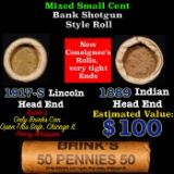 Mixed small cents 1c orig shotgun roll, 1917-S Wheat Cent, 1889 Indian Cent other end, Brinks Wrappe