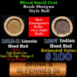 Mixed small cents 1c orig shotgun roll, 1918-D Wheat Cent, 1897 Indian Cent other end, Brinks Wrappe