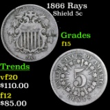 1866 Rays Shield Nickel 5c Grades f+