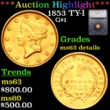 ***Auction Highlight*** 1853 Gold Dollar TY-I $1 Graded ms63 details BY SEGS (fc)