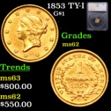 1853 Gold Dollar TY-I $1 Graded ms62 BY SEGS