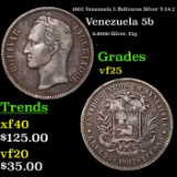 1902 Venezuela 5 Bolivares Silver Y-24.2 Grades vf+