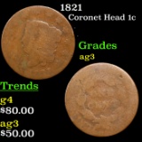 1821 Coronet Head Large Cent 1c Grades ag