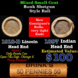 Mixed small cents 1c orig shotgun roll, 1918-D Wheat Cent, 1897 Indian Cent other end, Brinks Wrappe