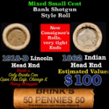 Mixed small cents 1c orig shotgun roll, 1918-D Wheat Cent, 1862 Indian Cent other end, Brinks Wrappe