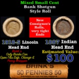Mixed small cents 1c orig shotgun roll, 1918-S Wheat Cent, 1887 Indian Cent other end, Brinks Wrappe