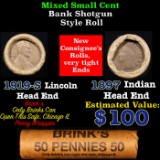 Mixed small cents 1c orig shotgun roll, 1919-S Wheat Cent, 1897 Indian Cent other end, Brinks Wrappe