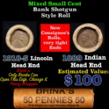 Mixed small cents 1c orig shotgun roll, 1918-S Wheat Cent, 1889 Indian Cent other end, Brinks Wrappe