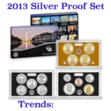 2013 United States Mint Silver Proof Set; 10 pcs, about about 1.4 ounces of pure silver.