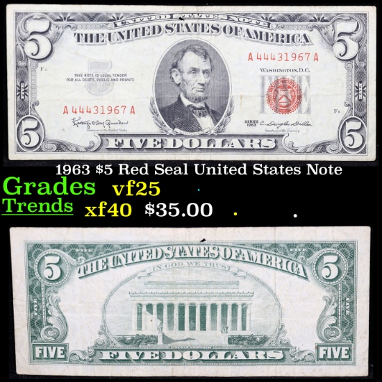 1963 $5 Red Seal United States Note Grades vf+