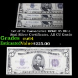 Set of 3x Consecutive 1934C $5 Blue Seal Silver Certificates, All CU Grade Grades Choice CU