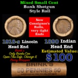 Mixed small cents 1c orig shotgun roll, 1918-s Wheat Cent, 1890 Indian Cent other end, Brinks Wrappe