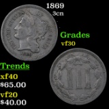 1869 Three Cent Copper Nickel 3cn Grades vf++