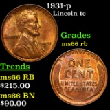 1931-p Lincoln Cent 1c Grades GEM+ Unc RB