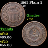 1865 Plain 5 Two Cent Piece 2c Grades vf++