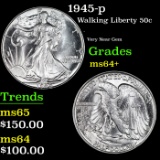 1945-p Walking Liberty Half Dollar 50c Grades Choice+ Unc