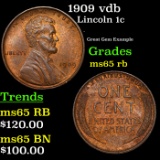 1909 vdb Lincoln Cent 1c Grades GEM Unc RB