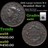 1830 Large Letters Braided Hair Large Cent N-2 1c Graded au53 By SEGS