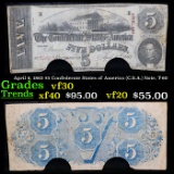 April 6, 1863 $5 Confederate States of America (C.S.A.) Note, T-60 Grades vf++