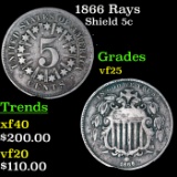1866 Rays Shield Nickel 5c Grades vf+