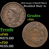 1834 large 8 Small Stars Braided Hair Large Cent 1c Grades vf+