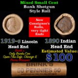 Mixed small cents 1c orig shotgun roll, 1919-s Wheat Cent, 1890 Indian Cent other end, Brinks Wrappe