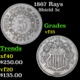 1867 Rays Shield Nickel 5c Grades vf++
