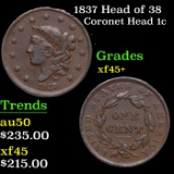 1837 Head of 38 Coronet Head Large Cent 1c Grades xf+++