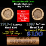 Mixed small cents 1c orig shotgun roll, 1919-s Wheat Cent, 1887 Indian Cent other end, Brinks Wrappe