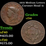 1832 Medium Letters Coronet Head Large Cent 1c Grades vf++