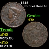1818 Coronet Head Large Cent 1c Grades vf++