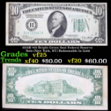 1928B $10 Bright Green Seal Federal Reserve Note (New York, NY) Redeemable In Gold Grades vf+