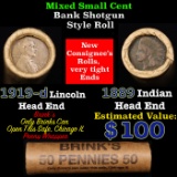 Mixed small cents 1c orig shotgun roll, 1919-d Wheat Cent, 1889 Indian Cent other end, Brinks Wrappe