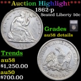 ***Auction Highlight*** 1862-p Seated Half Dollar 50c Graded au58 details By SEGS (fc)