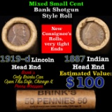 Mixed small cents 1c orig shotgun roll, 1919-d Wheat Cent, 1887 Indian Cent other end, Brinks Wrappe