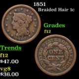 1851 Braided Hair Large Cent 1c Grades f, fine