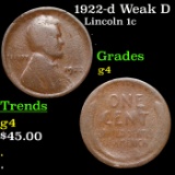 1922-d Weak D Lincoln Cent 1c Grades g, good