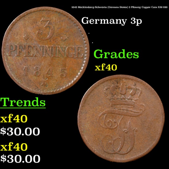 1845 Mecklenberg-Schwerin (German States) 3 Pfennig Copper Coin KM-299 Grades xf