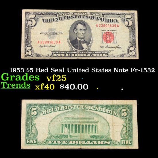 1953 $5 Red Seal United States Note Fr-1532 Grades vf+