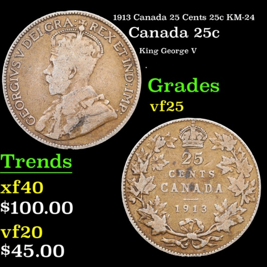 1913 Canada 25 Cents 25c KM-24 Grades vf+