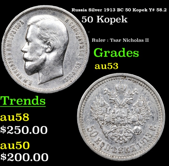Russia Silver 1913 BC 50 Kopek Y# 58.2 Grades Select AU