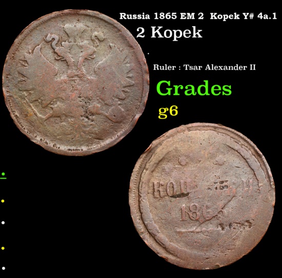 Russia 1865 EM 2  Kopek Y# 4a.1 Grades g+