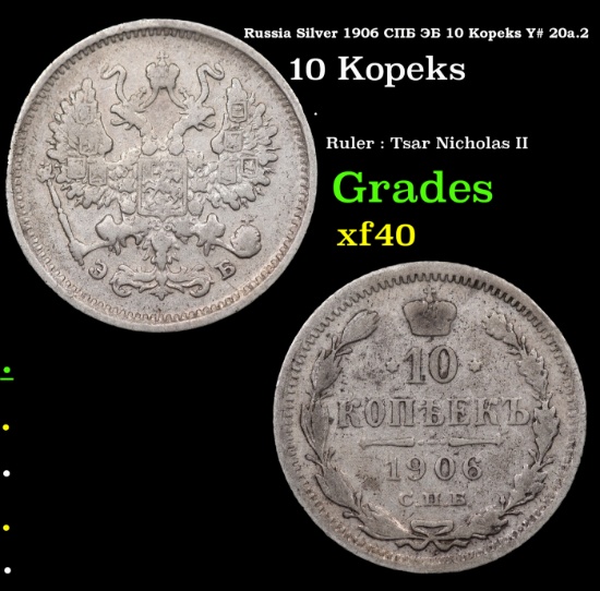 Russia Silver 1906 Cn6 36 10 Kopeks Y# 20a.2 Grades xf