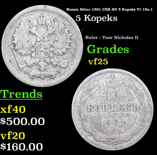 Russia Silver 1901 Cn6 03 5 Kopeks Y# 19a.1 Grades vf+