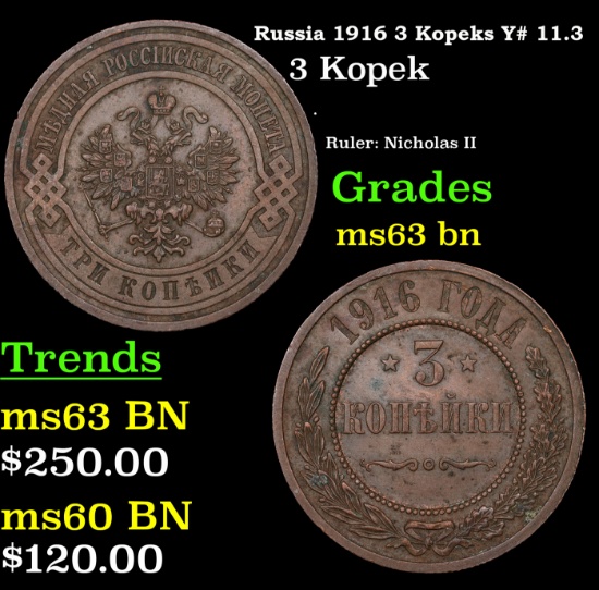 Russia 1916 3 Kopeks Y# 11.3 Grades Select Unc BN