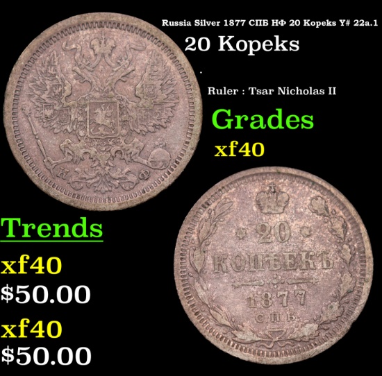 Russia Silver 1877 Cn6 H0 20 Kopeks Y# 22a.1 Grades xf